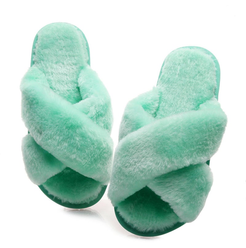 Crazy Lady Women's Fuzzy Fluffy House Slippers Cute Plush Memory Foam Shoes Cross Band Indoor Outdoor Open Toe Sandals(06/Mint, 8.5-9.5) - Image 1
